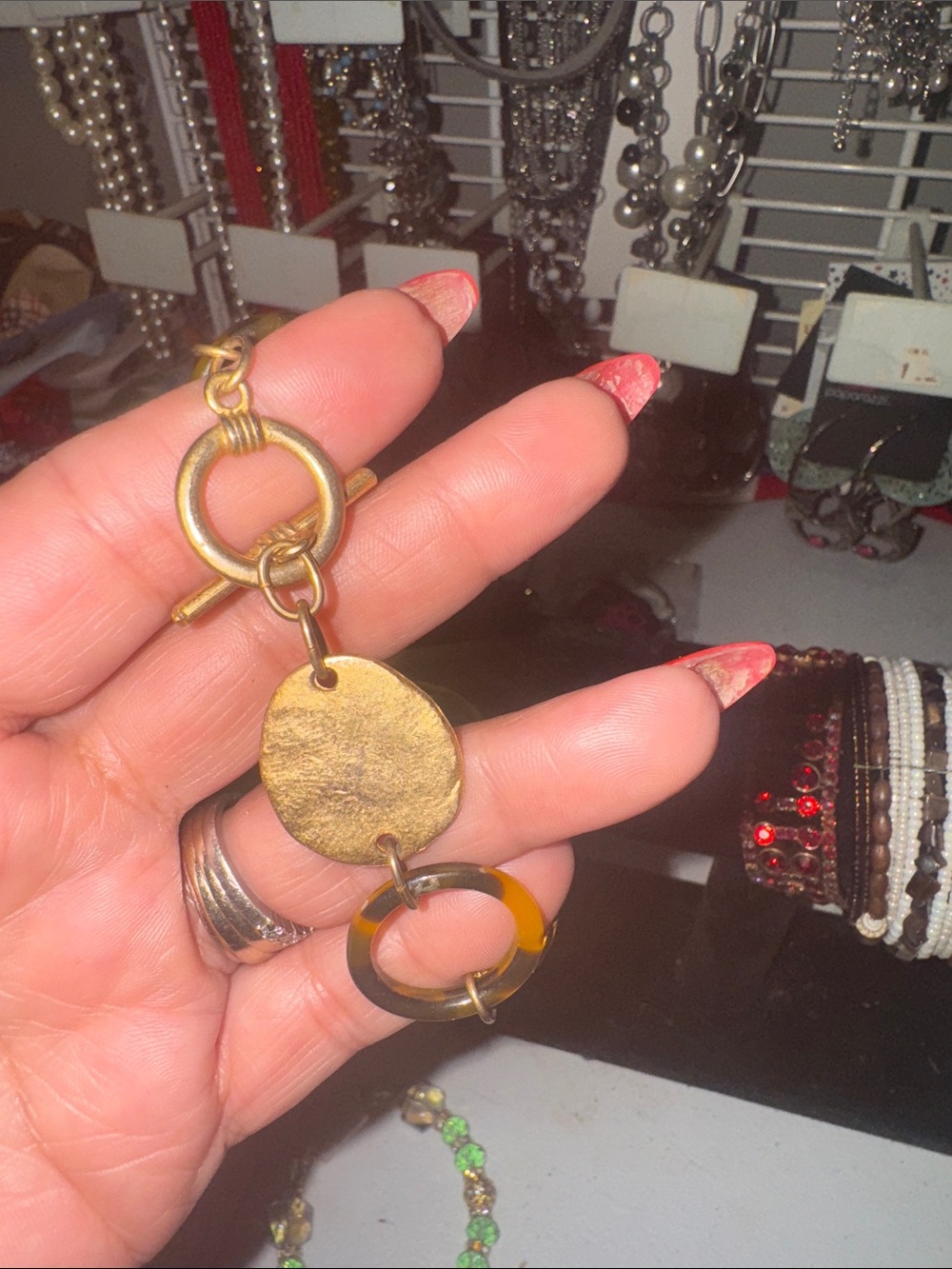 Brass Toggle Necklace with Tortoiseshell Ring